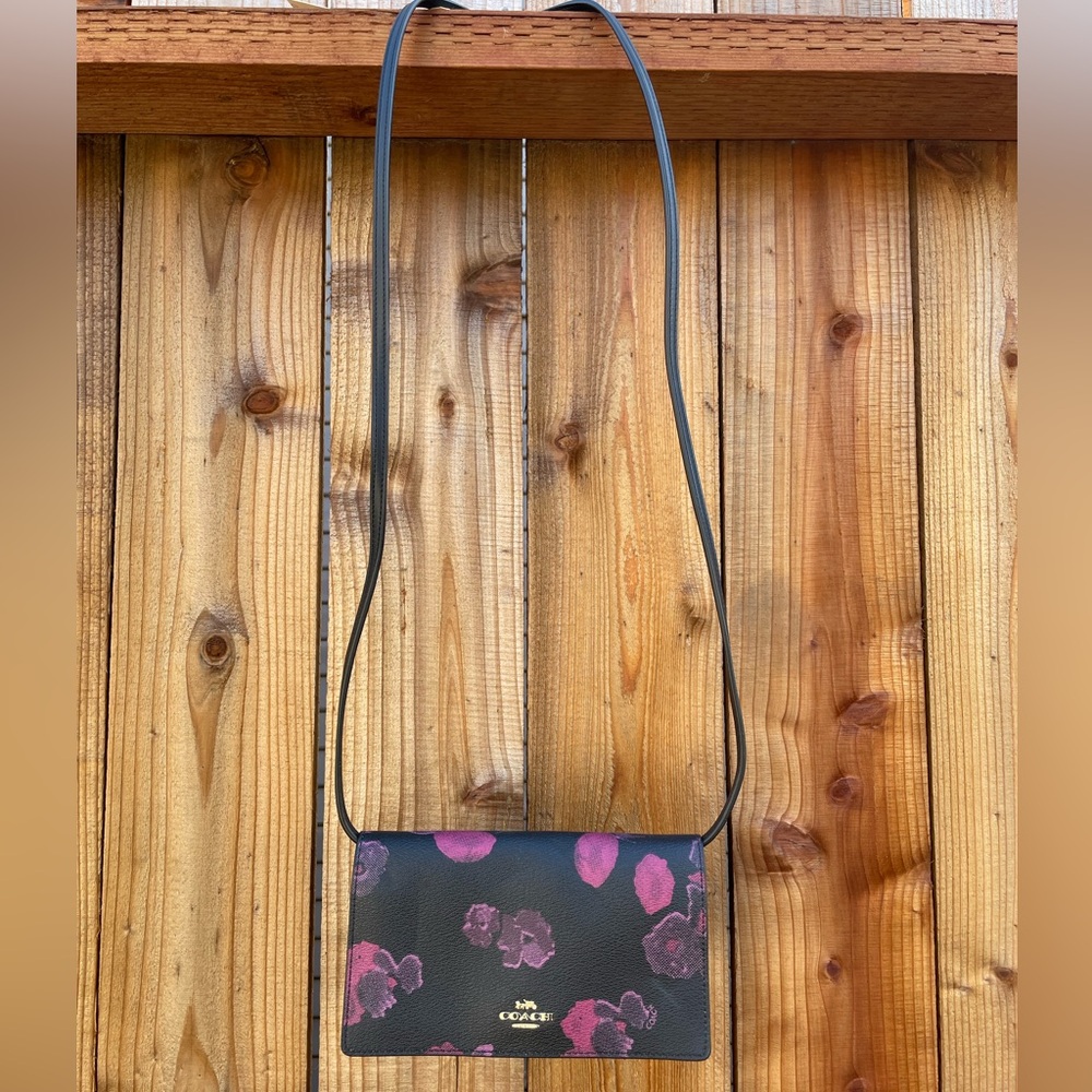 Vintage COACH Black and Purple Floral Crossbody Bag Clutch Wallet Purse